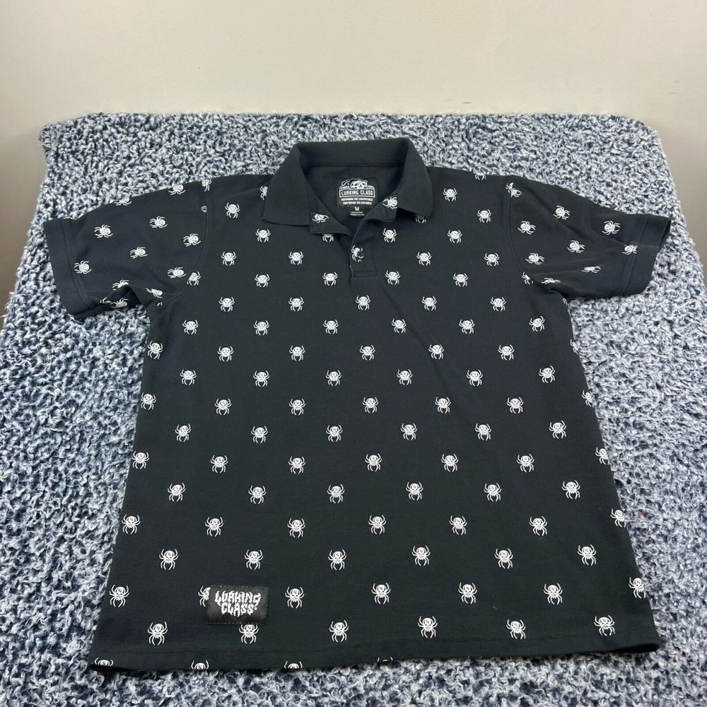 Lurking Class Polo Shirt Mens Medium Black Cotton Blend Spider Print Casual
